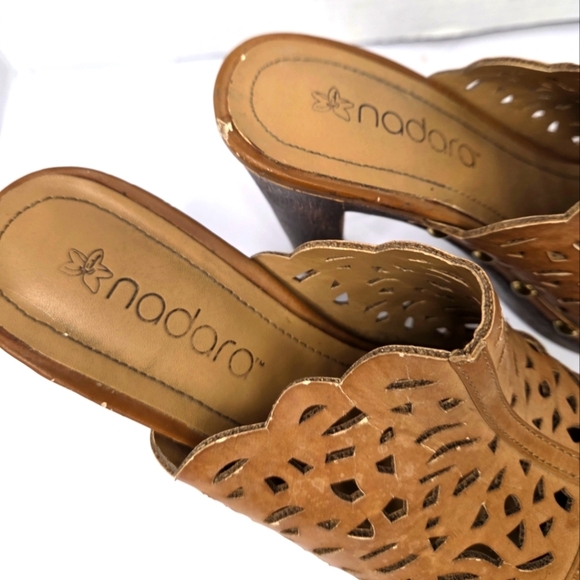 NADARA Tan Leather Clogs with Laser-Cut Design and Wooden Platform SIZE 8 - Picture 3 of 8